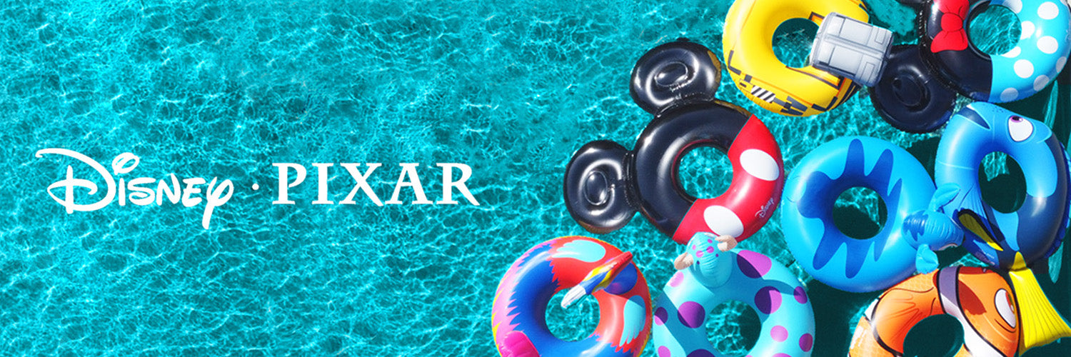 Disney and Pixar-themed swim rings floating in a pool with logos on the left.