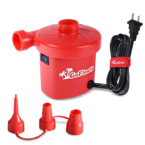 a red electric air pump with two cones