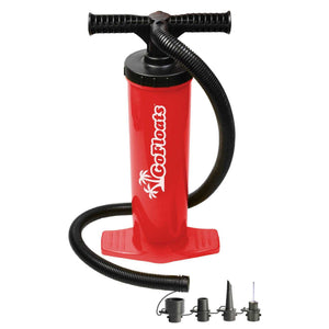 a red vacuum cleaner with a hose and a black hose