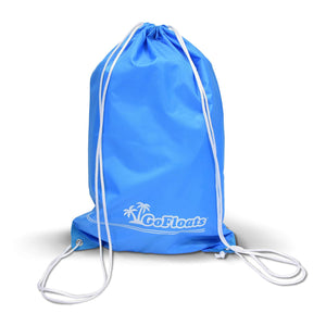 a blue drawsack bag with white draws