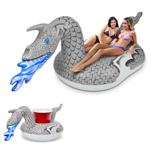 GoFloats Ice Dragon Giant Inflatable Pool Float - Includeds Bonus Drink Holder