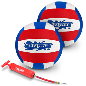 two red and blue beach balls with a red and white ball