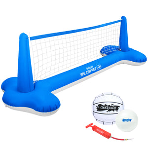 a volleyball goal set with a ball and net