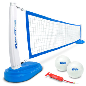 the blue and white volleyball set with a ball and net
