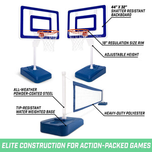 GoSports Splash Hoop ELITE 2-in-1 Full Court Pool Basketball & Volleyball Game Set