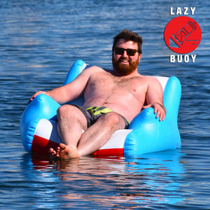 a man in a life vest floating on a blue inflatable