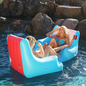 a woman and a child in a pool