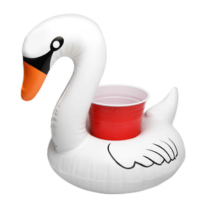 a white swan with a red bowl in its beak