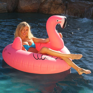 a woman in a pink flaming floatie