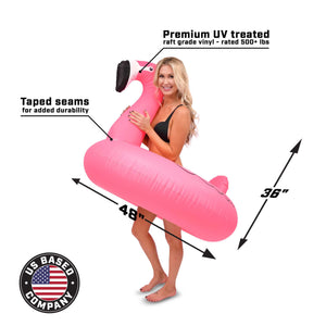 a woman in a pink inflatable with the text, premium inflatable