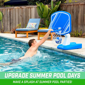 a man in a pool with a basketball hoop