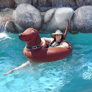 a woman in a pool with a dog float