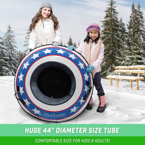 woman and child holding an inflatable snow tube