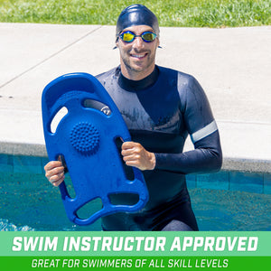 a man in a wet suit holding a blue paddle