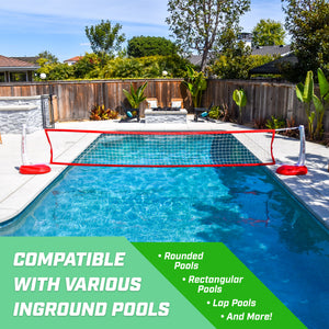 a pool with a net and a ball