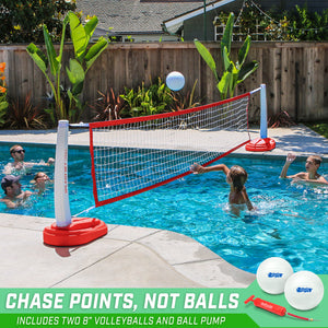 a group of people playing volleyball in a pool