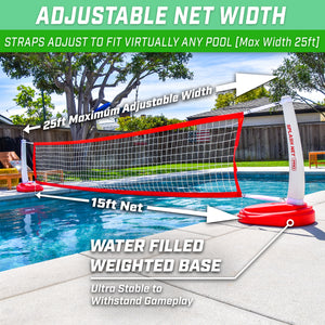 a volleyball net with a ball and a ball in the pool