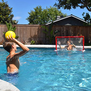 child holding yellow ball in the pool with polo goal set in background